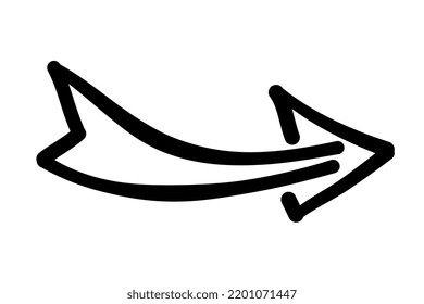Abstract hand drawn arrow. Wide pointer with black frame. Direction indicator to right and forward. Design element for app user interface. Cartoon simple linear vector illustration in doodle style