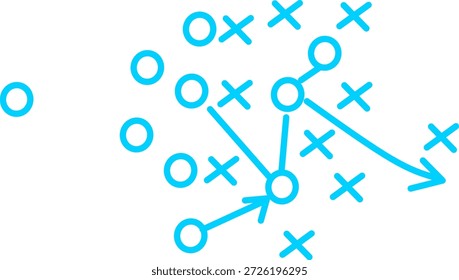 Abstrakte, handgezeichnete Pfeile, Kreise und Kreuze bilden ein Flussmuster auf weißem Hintergrund, das Strategie, Planung, Prozess und Bewegung symbolisiert.