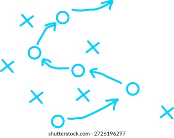 Flechas, círculos y cruces Abstractas dibujados a mano que forman un patrón de flujo sobre fondo blanco, simbolizando la estrategia, la planificación, el proceso y el movimiento.