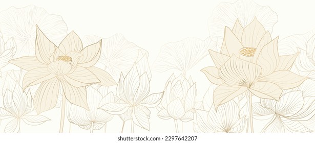 Abstract hand drawn art background with lotus flowers in gold line art style. Botanical banner for decor, print, cover, wallpaper, textile, interior design.