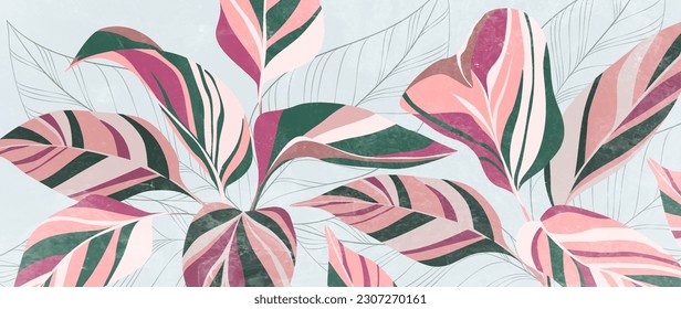 Abstract hand drawn art background with tropical leaves in a watercolor style. Botanical banner for decoration design, print, textile, wallpaper, interior design, cover.