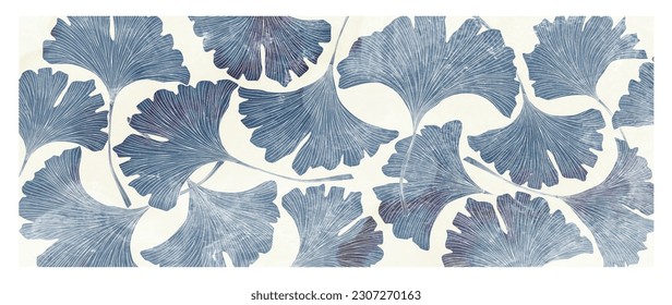 Abstract hand drawn art background with gingko leaves in line art style. Botanical banner for decoration design, print, textile, interior design, wallpaper, poster.