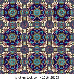 Abstract hand drawn art, stylized floral doodle background in brown, gray and blue colors. Vector patchwork quilt pattern. Colorful seamless pattern in mosaic style. Textile fabric paper print.