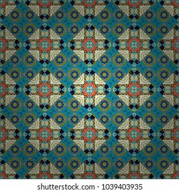 Abstract hand drawn art, stylized floral doodle background in green, blue and beige colors. Textile fabric paper print. Vector patchwork quilt pattern. Colorful seamless pattern in mosaic style.