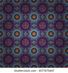 Abstract hand drawn art, stylized floral doodle background in violet, gray and blue colors. Colorful seamless pattern in mosaic style. Textile fabric paper print. Vector patchwork quilt pattern.