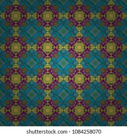Abstract hand drawn art, stylized floral doodle background in green, blue and purple colors. Colorful seamless pattern in mosaic style. Textile fabric paper print. Vector patchwork quilt pattern.