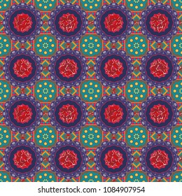 Abstract hand drawn art, stylized floral doodle background in gray, violet and blue colors. Vector patchwork quilt pattern. Colorful seamless pattern in mosaic style. Textile fabric paper print.