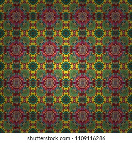 Abstract hand drawn art, stylized floral doodle background in yellow, blue and green colors. Vector patchwork quilt pattern. Colorful seamless pattern in mosaic style. Textile fabric paper print.