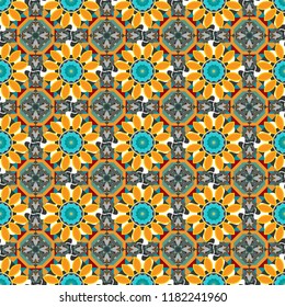 Abstract hand drawn art, stylized floral doodle background in orange, yellow and blue colors. Colorful seamless pattern in mosaic style. Vector patchwork quilt pattern. Textile fabric paper print.