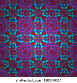 Abstract hand drawn art, stylized floral doodle background in violet, blue and red colors. Colorful seamless pattern in mosaic style. Textile fabric paper print. Vector patchwork quilt pattern.