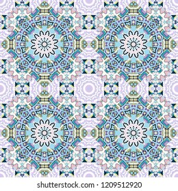 Abstract hand drawn art, stylized floral doodle background in blue, white and violet colors. Vector patchwork quilt pattern. Textile fabric paper print. Colorful seamless pattern in mosaic style.