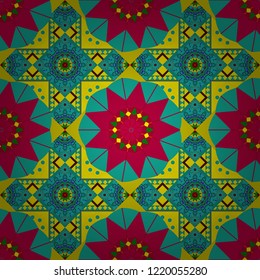 Abstract hand drawn art, stylized floral doodle background in blue, pink and green colors. Textile fabric paper print. Colorful seamless pattern in mosaic style. Vector patchwork quilt pattern.