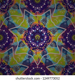 Abstract hand drawn art, stylized floral doodle background in green, violet and blue colors. Vector patchwork quilt pattern. Textile fabric paper print. Colorful seamless pattern in mosaic style.