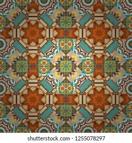 Abstract hand drawn art, stylized floral doodle background in pink, blue and orange colors. Vector patchwork quilt pattern. Colorful seamless pattern in mosaic style. Textile fabric paper print.