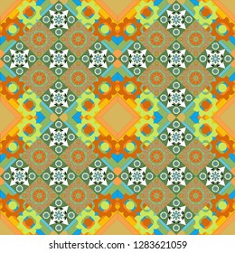 Abstract hand drawn art, stylized floral doodle background in orange, blue and green colors. Colorful seamless pattern in mosaic style. Vector patchwork quilt pattern. Textile fabric paper print.
