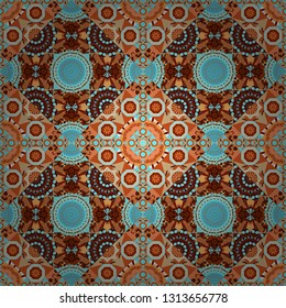 Abstract hand drawn art, stylized floral doodle background in blue, brown and orange colors. Vector patchwork quilt pattern. Textile fabric paper print. Colorful seamless pattern in mosaic style.