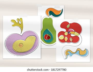 Abstract hand drawn artistic vector poster set with shadow overlay. Line art artistic illustrations with texture. Retro flat colors organic natural fruit designs. Organic healthy vegan doodle.