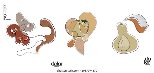 Abstract hand drawn artistic vector logo set isolated on white. Line art floral artistic illustrations with texture. Retro flat colors organic natural Eco food design. Organic healthy vegan doodle.