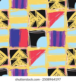Fundo abstrato desenhado à mão. O padrão geométrico colorido apresenta formas e sombras, formando uma composição visual vibrante.