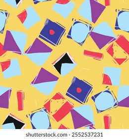 Abstract hand drawn background. Colorful geometric pattern features shapes and shades, forming a vibrant visual composition. Sketch squares and triangles on a yellow background