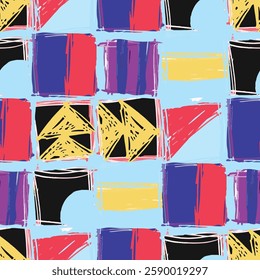 Abstract hand drawn background. Colorful geometric pattern features shapes and shades, forming a vibrant visual composition. Sketchy squares and triangles on a blue background