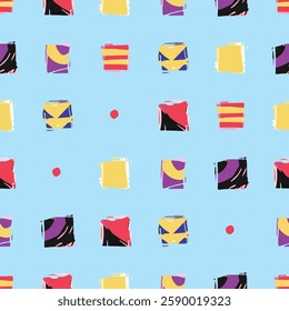 Abstract hand drawn background. Colorful geometric pattern features shapes and shades, forming a vibrant visual composition. Sketchy squares and triangles