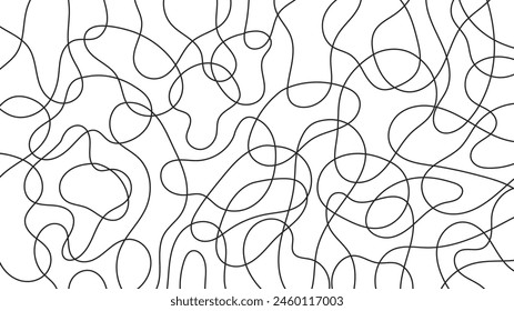 Abstract hand drawn background with curves lines. 1920x1080 black and white geometric backdrop. Thread wavy texture. Vector illustration. svg