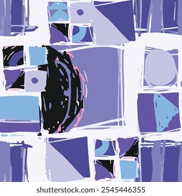 Abstract hand drawn background. The geometric pattern features shapes and shades in blue and purple, forming a vibrant visual composition. Sketch squares lines and triangles