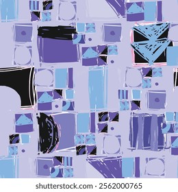 Abstract hand drawn background. The geometric pattern features shapes and shades in blue and purple, forming a vibrant visual composition. Sketch squares lines and triangles