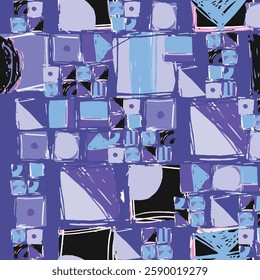 Abstract hand drawn background. The geometric pattern features shapes and shades in blue and purple, forming a vibrant visual composition. Sketchy squares and triangles