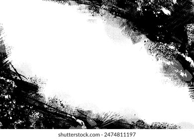 Fondo dibujado a mano Abstractas con salpicaduras de tinta y medios tonos. Diseño de Anuncio desordenado, textura negra de sufrimiento. Diseño gráfico retro.