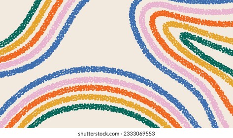 Abstract hand drawn background with rainbow colored stripes and copy space in centre. Trendy background with childish paint scribble, colorful chalk drawing. Cover for design banner, advertisements