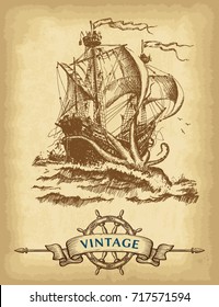 Abstract hand drawn background with vintage sailing ship, ship wheel and ribbon banner. Old paper texture. Template for your design works. Vector illustration.