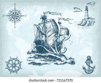 Abstract hand drawn background with vintage sailing ship, compass, lighthouse, ship wheel, anchor and world map on old craft paper texture. Template for your design works. 