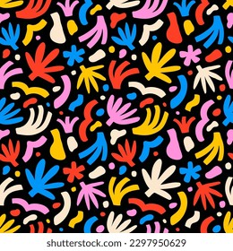 Abstract hand drawn backgrounds with floral shapes. Colorful bright freehand seamless pattern. Backdrop for textile prints, wallpapers, decorative wrapping paper, package. EPS 10 vector illustration