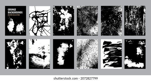 Abstract hand drawn backgrounds. Grunge textures collection. Sketch monochrome vector set. Graphic elements: cracks, spray effects, spots, scratches. 