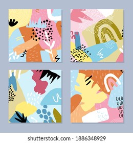 Abstract hand drawn backgrounds set. Bright summer colors. Collage shapes, textured and botanical elements. Vector illustration.
