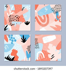 Resumen conjunto de fondos dibujados a mano. Colores claros de verano. Formas de color, texturas y elementos botánicos. Ilustración vectorial.