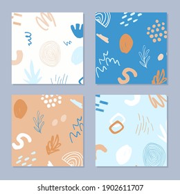 Abstract hand drawn backgrounds set. Bright summer colors. Collage shapes, textured and botanical elements. Vector illustration.