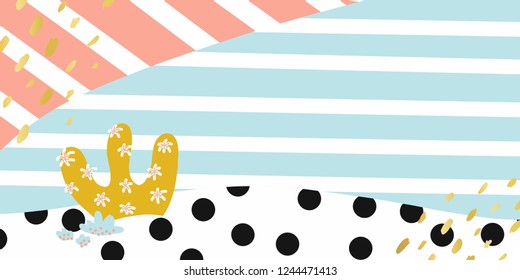 Abstract hand drawn banner background Vector Shapes. Pastel lines, spots, dots scene template. Hand drawn overlapping elements pink blue gold black white. Blog, web banner, invitation, web post, card