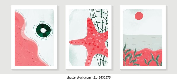 Resumen de la plantilla de arte de la pared de la playa dibujada a mano. Mar vintage con algas, pez estrella, anillo de nado en línea de arte. Pintura de playa de tono rosa en temporada alta, decoración en las paredes, interior y tapicería.
