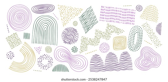 Abstrakte handgezeichnete bizarre Form doodle Elemente in Linien und Punkte Stil Skizze isoliert gesetzt. Einfache geometrische Formen und Figuren bunter Umriss und geflecktes Muster Design Vektorgrafik