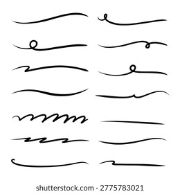 Abstract Hand Drawn Black Ink Brush Stroke Underline Swoosh Collection Set