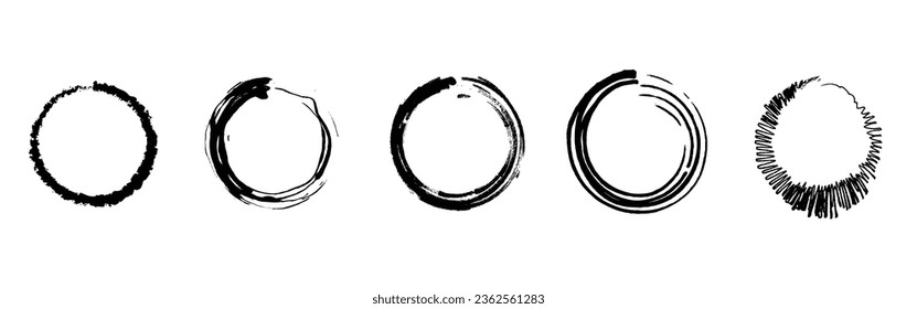 Abstract Hand Drawn Black Paint Brushes Pack, Circular Grunge Frame and Borders. Set of Brush strokes isolated on white background. Vector Illustration