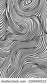 Abstract hand drawn black and white  wavy pattern. Winding water flow like a zebra pattern.