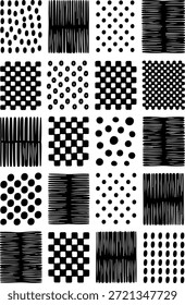 Abstractas dibujado a mano blanco y negro patrón conjunto con puntos y líneas. Colección de patrón geométrico moderno en estilo de Vector blanco y negro. Rejilla de textura Abstractas hecha a mano con puntos, rayas y Formas.