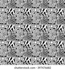 Abstract hand drawn black and white seamless pattern in zentangle style. For wallpaper or fabric.