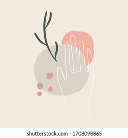 Abstract hand drawn bohemian illustration. Paint background in pastel colors with face, hand, leaves. Design for poster, card, web, invitation, placard, brochure, flyer. Vector. Isolated.