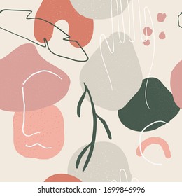 Abstract hand drawn bohemian seamless pattern. Paint background in pastel colors with abstract face, hand, leaves. Design for poster, card, invitation, placard, brochure, flyer. Vector. Isolated.