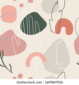 Abstract hand drawn bohemian seamless pattern. Paint background in pastel colors with abstract face, hand, leaves. Design for poster, card, invitation, placard, brochure, flyer. Vector. Isolated.